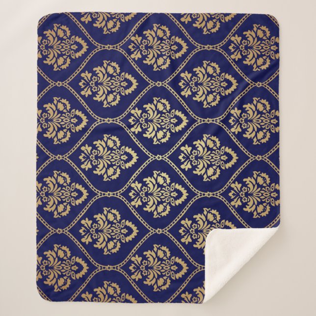 Gold & Blau: Luxus Damask Sherpadecke (Vorderseite)