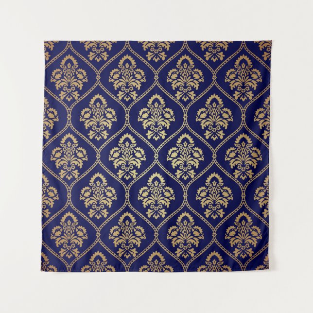 Gold & Blau: Luxus Damask Wandteppich (Vorderseite)