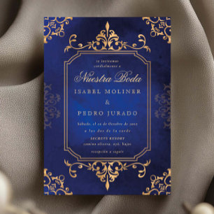 Gold & Blau Ornament Vintage Nuestra Boda Hochzeit Einladung