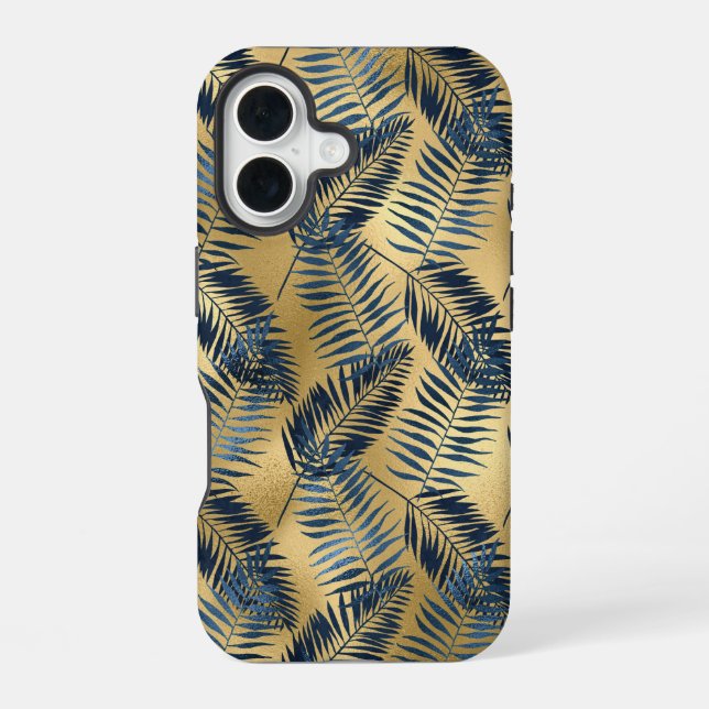 Gold Blau Palmwedel iPhone 16 Hülle  (Rückseite)