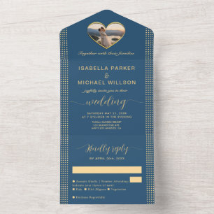 Gold & Blau Punkte personalisierte Hochzeit All In One Einladung
