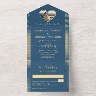 Gold & Blau Punkte personalisierte Hochzeit All In One Einladung