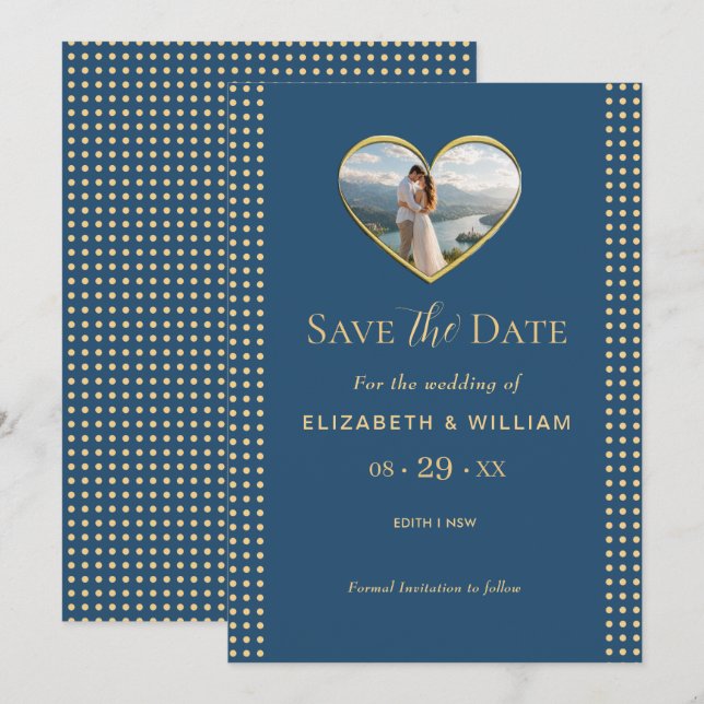 Gold & Blau Punkte personalisierte Hochzeit Save The Date (Vorne/Hinten)
