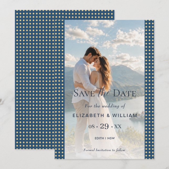 Gold & Blau Punkte personalisierte Hochzeit Save The Date (Vorne/Hinten)