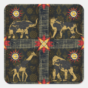 Gold Blau Rot Safari Weltkarte Afrikanische Tiere Quadratischer Aufkleber