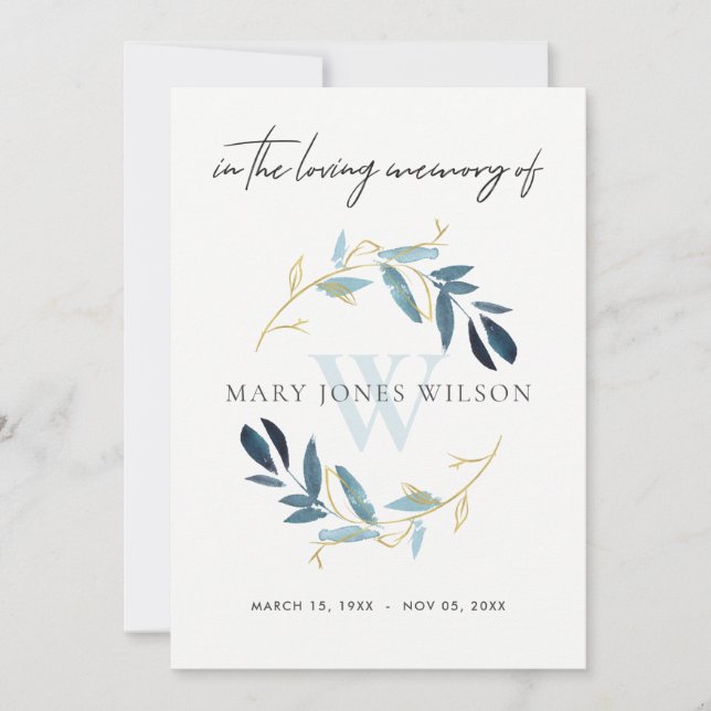 GOLD BLAUE FAUNA BEILEID MEMORIVICE SERVICE INVITE DANKESKARTE (Vorderseite)