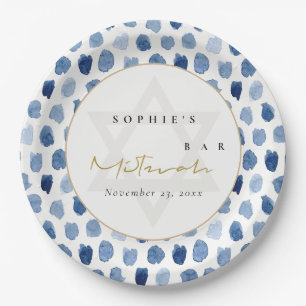 GOLD BLAUE INDIGO WATERCOLOR DOPPELT BAR BAT MITZV PAPPTELLER