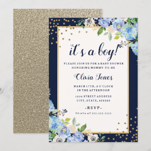 Gold Blaues Blumen-Sparkle-Junge-Baby-Shower-Einla Einladung