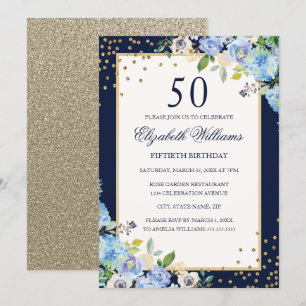 Gold Blaues Blumen-Sparkling-Einladung zum 50. Geb Einladung