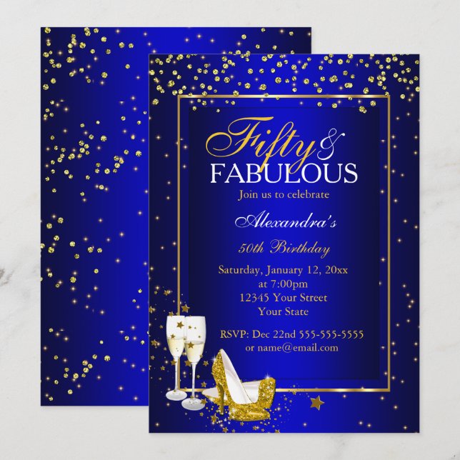Gold Blue 50 Fantastisches Champagner-Party Einladung (Vorne/Hinten)