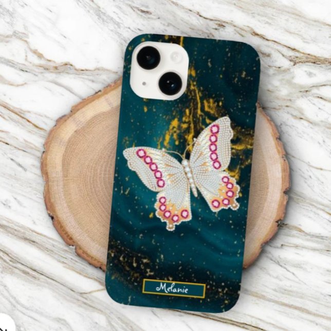  Gold Blue Acrylic Paint Butterfly Monogram  Case-Mate iPhone Hülle (Von Creator hochgeladen)