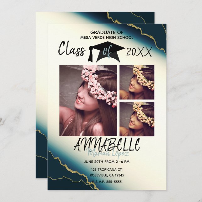 Gold Blue Agate Graduation Party 3 Foto Einladung (Vorne/Hinten)