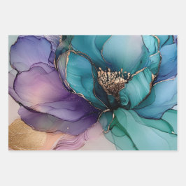 Gold Blue Aqua Lila Blume Brautparty Geschenkpapier Set