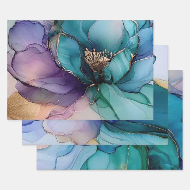 Gold Blue Aqua Lila Blume Brautparty Geschenkpapier Set (Set)
