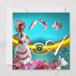 GOLD BLUE AQUAMARINE DAMASK BEACH WEDDER MONOGRAM EINLADUNG