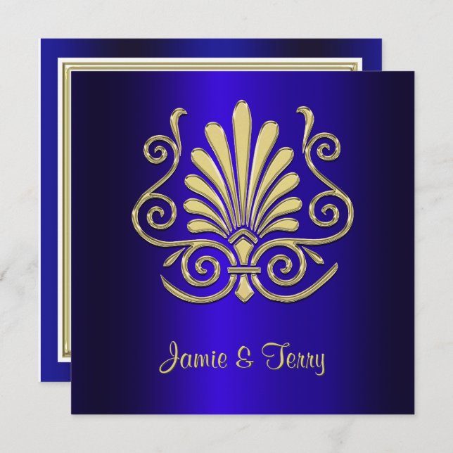 Gold Blue Art Deco Damask Einladung 2 (Vorne/Hinten)