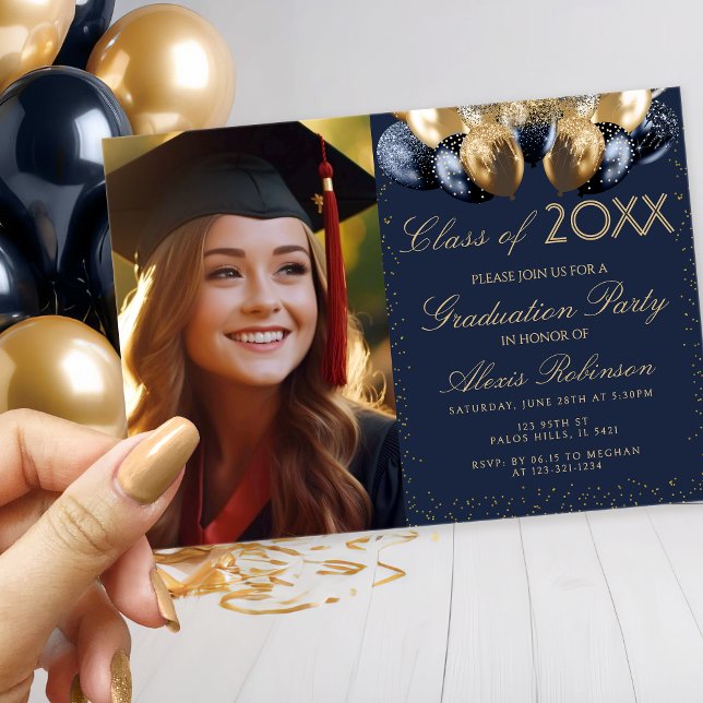 Gold blue balloons collage graduation party photo einladung (Von Creator hochgeladen)