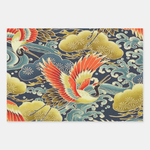 Gold Blue Bird Japanischer Kimono Blumendekoupage Geschenkpapier Set