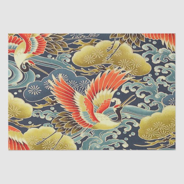 Gold Blue Bird Japanischer Kimono Blumendekoupage Seidenpapier (Vorderseite)