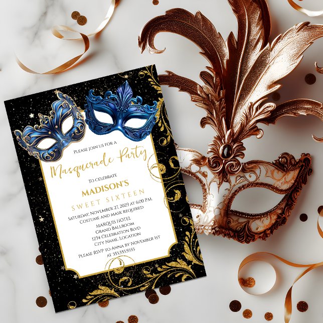 Gold Blue Birthday Masquerade Party Einladung (Celebrate a birthday with an elegant masquerade ball by inviting your guests with this invitation.)