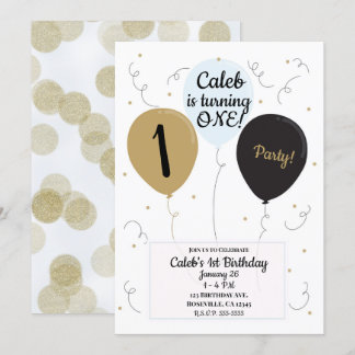 Gold Blue & Black Balloons Boys 1. Geburtstag Part Einladung