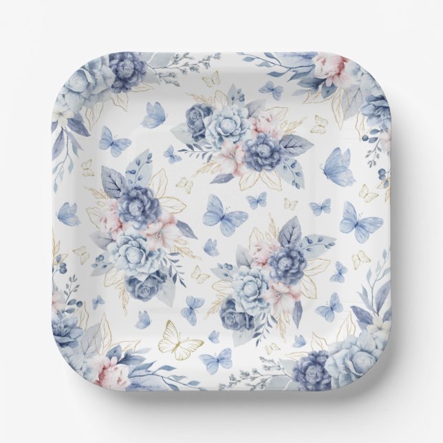 Gold & Blue Butterfys Boy Baby Shower Pappteller (Vorderseite)