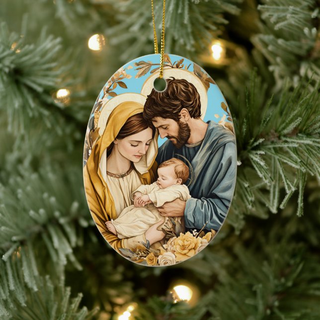 Gold Blue Christlich Heilige Familie Weihnachten Keramik Ornament (Baum)