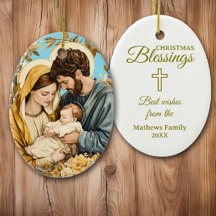 Gold Blue Christlich Heilige Familie Weihnachten Keramik Ornament