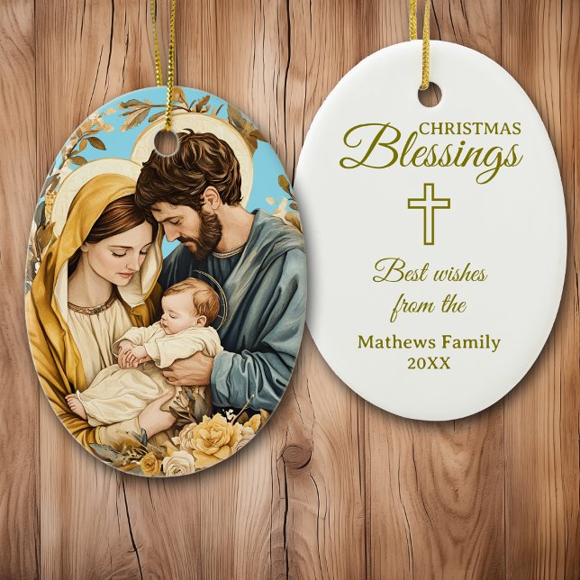 Gold Blue Christlich Heilige Familie Weihnachten Keramik Ornament (Von Creator hochgeladen)
