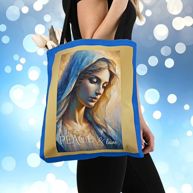 Gold Blue Christlich Jungfrau Mary (Christian tote bag featuring a portrait of the Virgin Mary on sparkling gold with royal blue)
