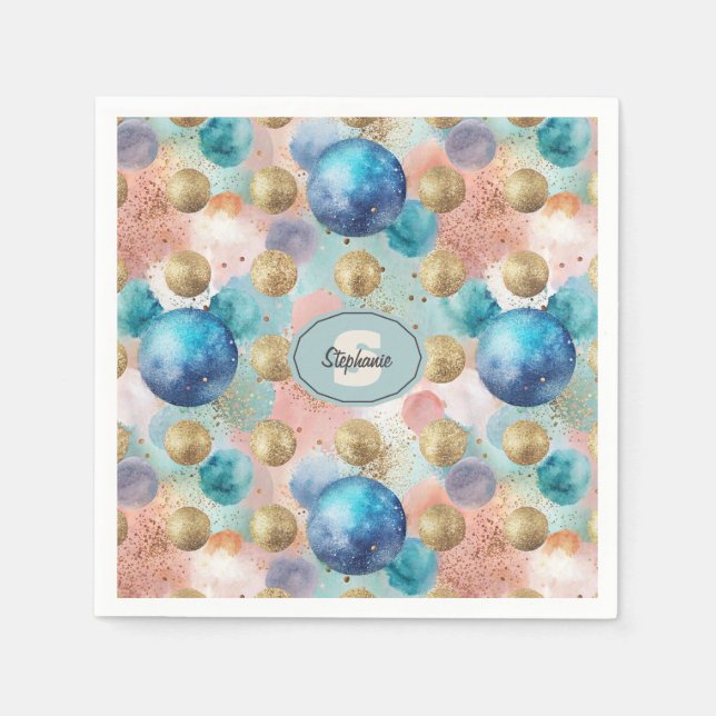 Gold & Blue Circle Muster mit Glitzer Akzenten Serviette (Vorderseite)