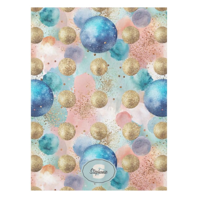 Gold & Blue Circle Muster mit Glitzer Akzenten Tischdecke (Vorderseite)