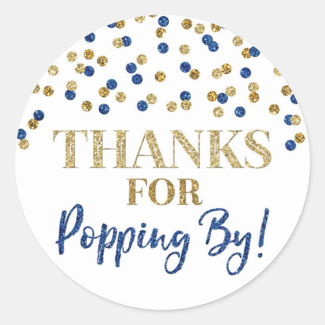 Gold Blue Confetti Danke für Popping By Runder Aufkleber (Vorderseite)