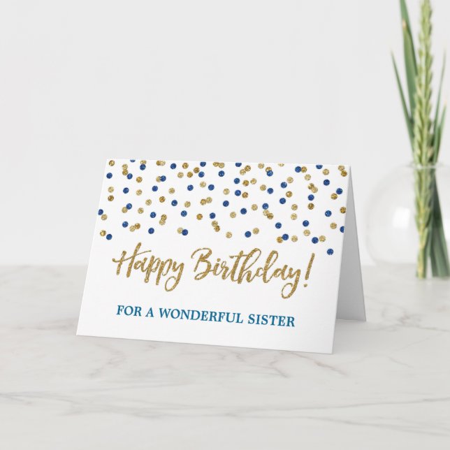 Gold Blue Confetti Sister Birthday Card Karte (Vorderseite)