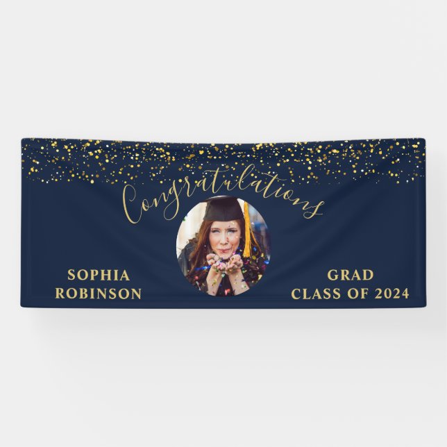 Gold Blue Custom Foto Graduation Party Banner (Horizontal)