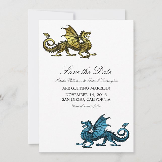 Gold Blue Dragon Save the Date einladen (Vorderseite)