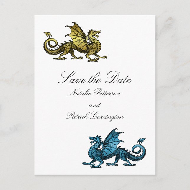Gold Blue Dragon Save the Date Postcard Ankündigungspostkarte (Vorderseite)
