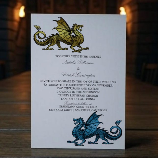 Gold Blue Dragon Wedding Einladung (Gold Blue Medieval Dragon Wedding Invite)