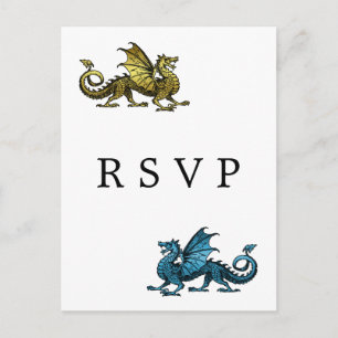 Gold Blue Dragon Wedding RSVP Postcard Einladungspostkarte