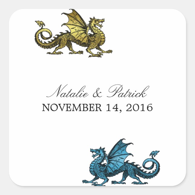 Gold Blue Dragon Wedding Stickers (Vorderseite)