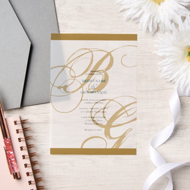 Gold Blue Elegant Script Monogram Wedding (Hochzeit)