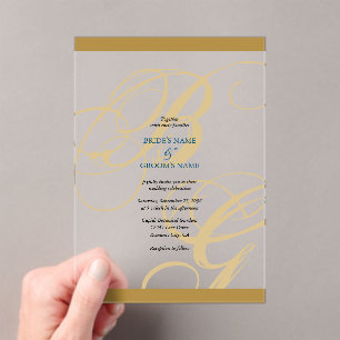 Gold Blue Elegant Script Monogram Wedding Acryleinladungen