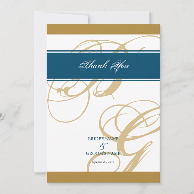 Gold Blue Elegant Script Monogram Wedding Dankeskarte (Vorderseite)