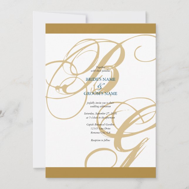 Gold Blue Elegant Script Monogram Wedding Einladung (Vorderseite)