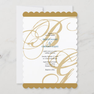 Gold Blue Elegant Script Monogram Wedding Einladung