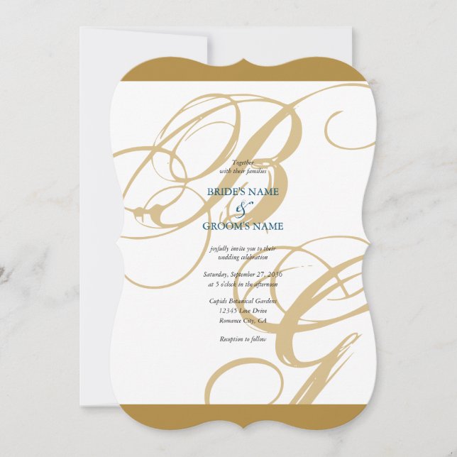Gold Blue Elegant Script Monogram Wedding Einladung (Vorderseite)