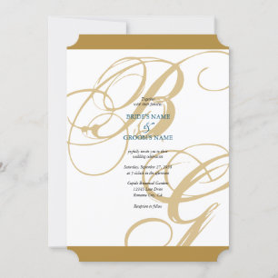 Gold Blue Elegant Script Monogram Wedding Einladung