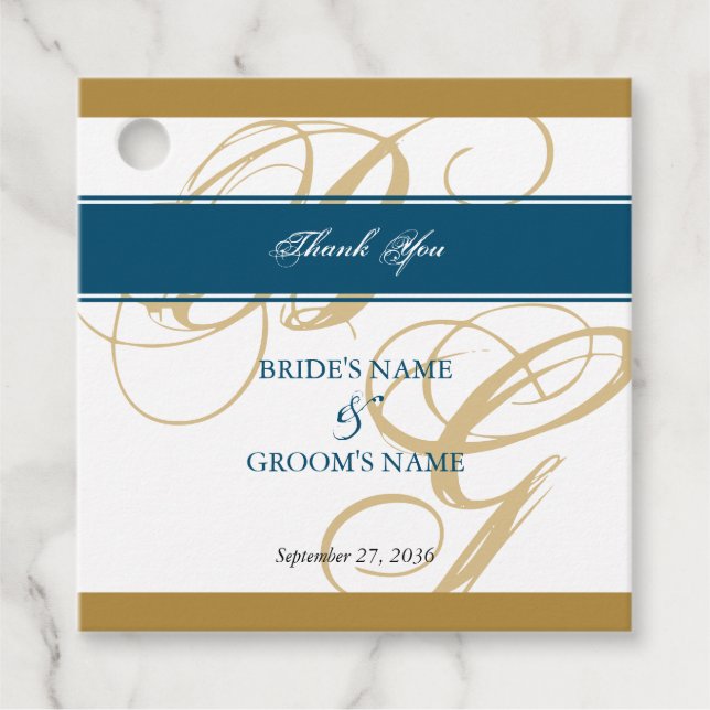Gold Blue Elegant Script Monogram Wedding Geschenkanhänger (Vorderseite)
