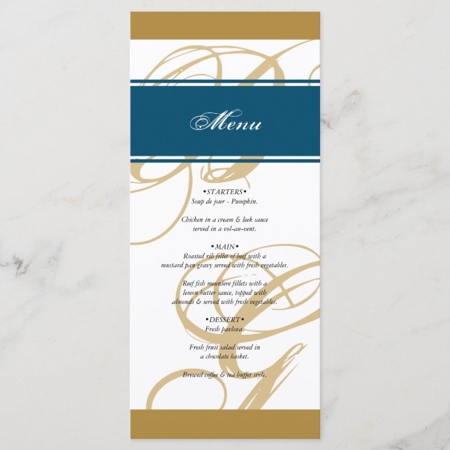 Gold Blue Elegant Script Monogram Wedding Menükarte (Vorderseite)