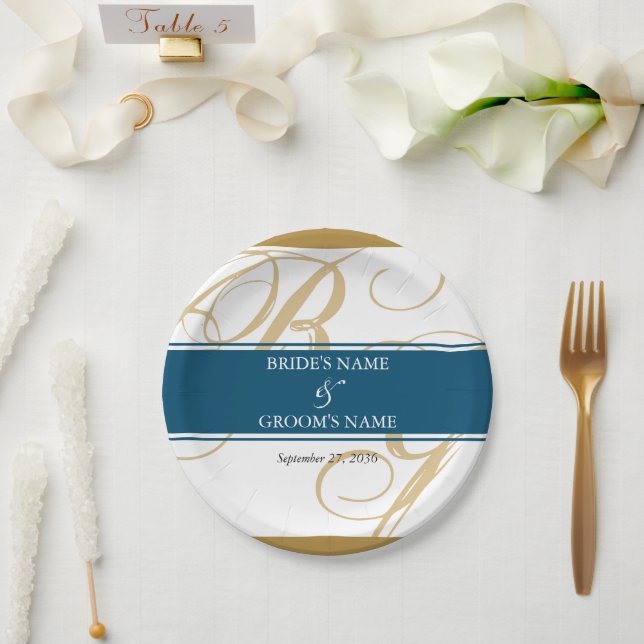 Gold Blue Elegant Script Monogram Wedding Pappteller (Hochzeit)